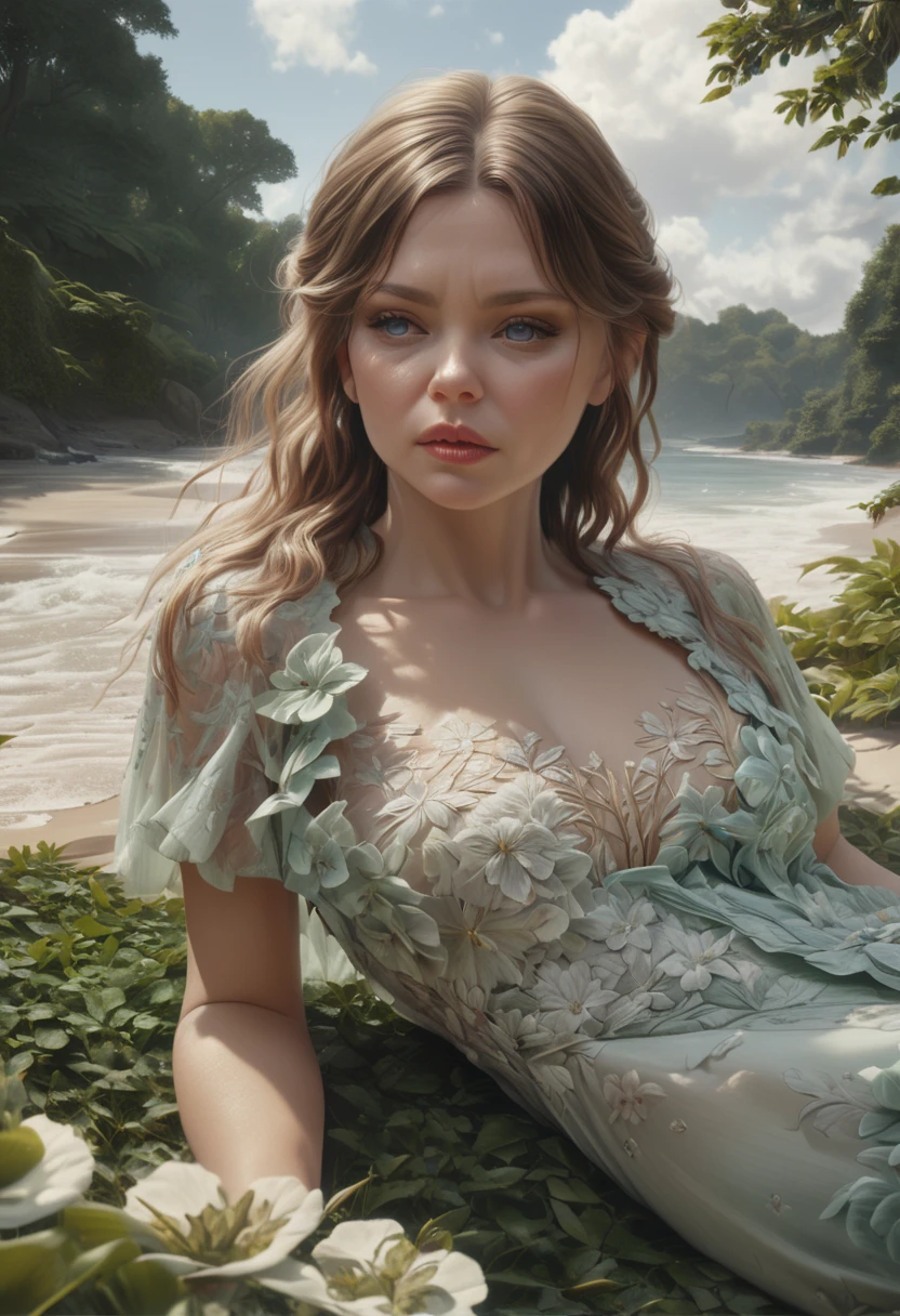 a beautiful woman lying in a park, delicate camellias, wuthering waves, (best quality,4k,8k,highres,masterpiece:1.2),ultra-detailed,(realistic,photorealistic,photo-realistic:1.37),detailed facial features,intricate floral pattern dress,natural lighting,lush greenery,serene atmosphere,dramatic cloudy sky,impressionist style,soft pastel colors