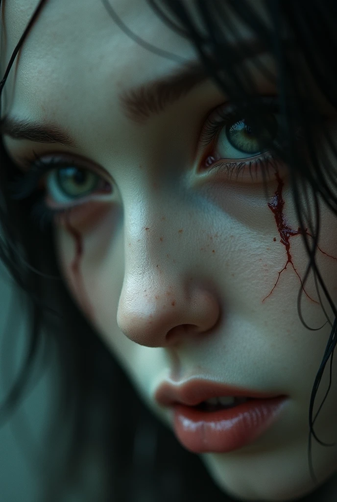 Witch woman with very very pale skin and very black veins all over her body in a terrifying way, cadaverous appearance. sapphire blue eyes and jet black hair. decayed expression. She is thin and with tears