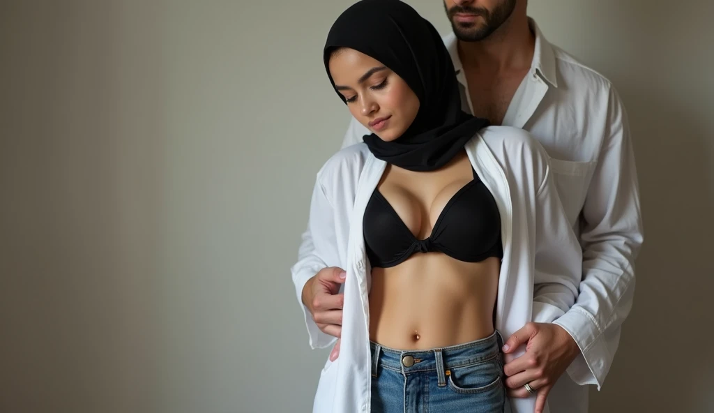 An beautiful Indonesian hijab woman with open chest buttoned shirt, visible bra, is massaging the penis of a 14 year old boy