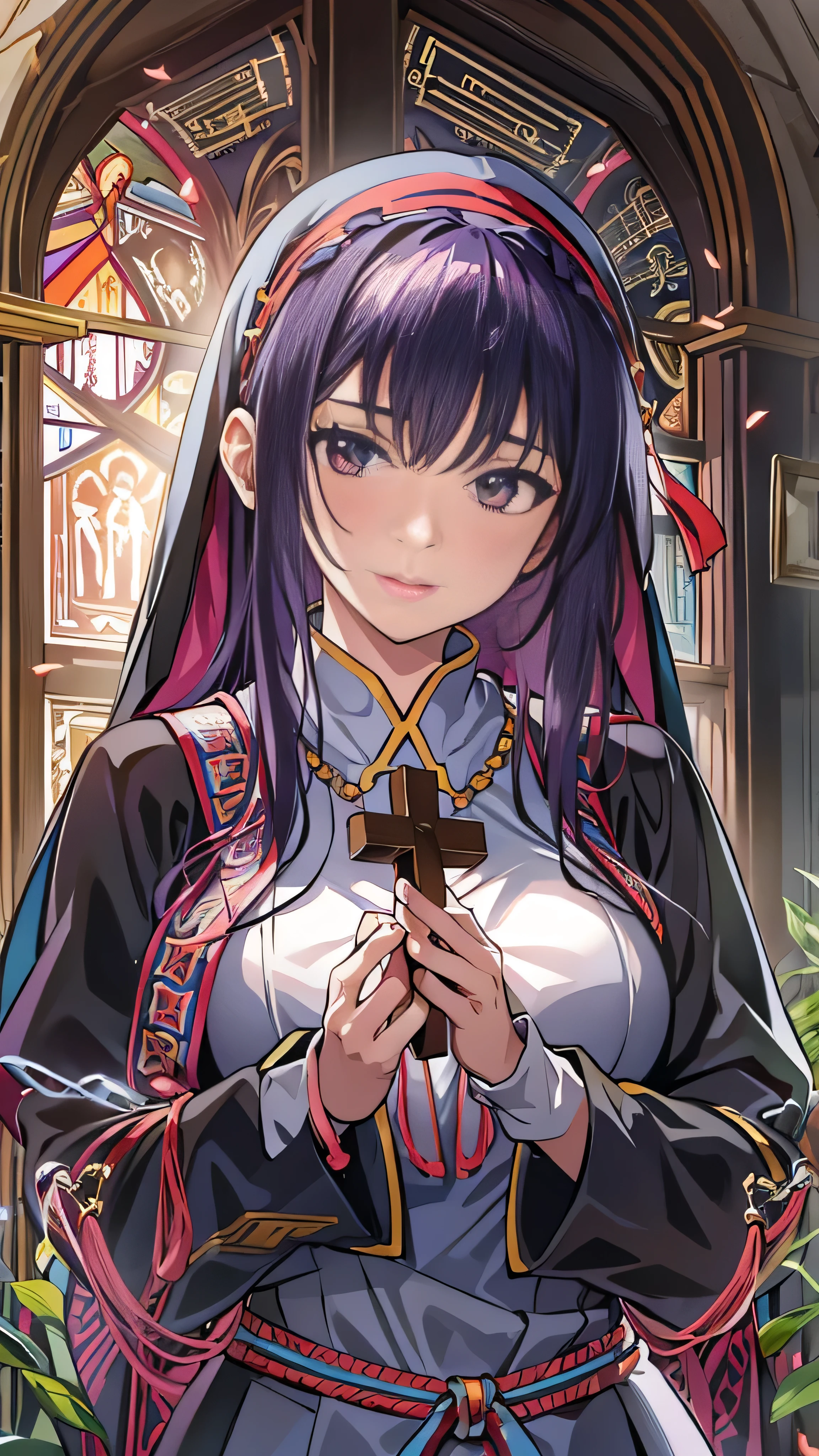  highdefinition images,nun、cross、Bible、Maroon hair in the garden 、church、Realistic and detailed face、美しいnunの全身高画質画像、 Woman in a black monastery uniform 、 (Inside Church's Cathedral )  Light shines through stained glass。