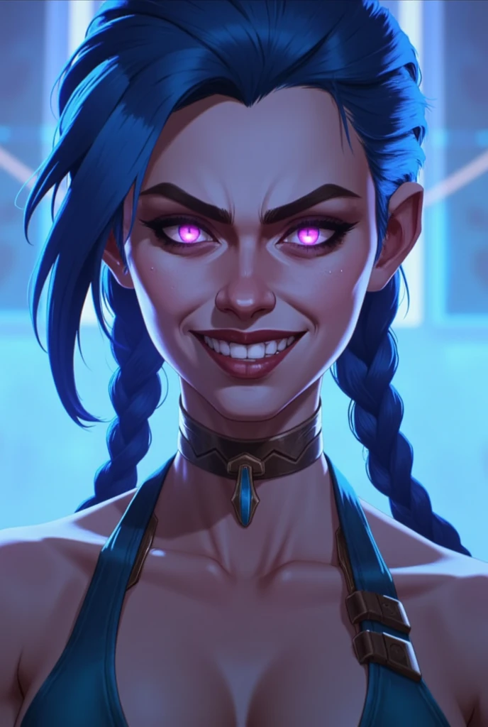 Jinx from Arcane, face image , beautiful girl, crazy face, big smile,  perfect teeth ,  long hair, by the blue, Two long braids,  face illuminated in the shade ,  torture machines ,  purple eyes,  perfect eyes ,  character from League of Legends, Feel anger , bottom view, imagen realista, HD,  High resolution,  masterpiece, necessary, anatomically correct,  Awarded many times ,  The best quality , Detail, Details altos, HD model,  lyrics, quality,  text, Retina,  Textured skin , UHD, Shine,  Plano lingerie,  From below,  Photo test model , cinematografía, conceptual art, Hyperrealism,  photorealistic , Retrato fotográfico, realism, wallpaper style,  Arcane series , flashy colors, neon colors, faithful to the Arcane design of Jinx ,  neon fireworks in the background