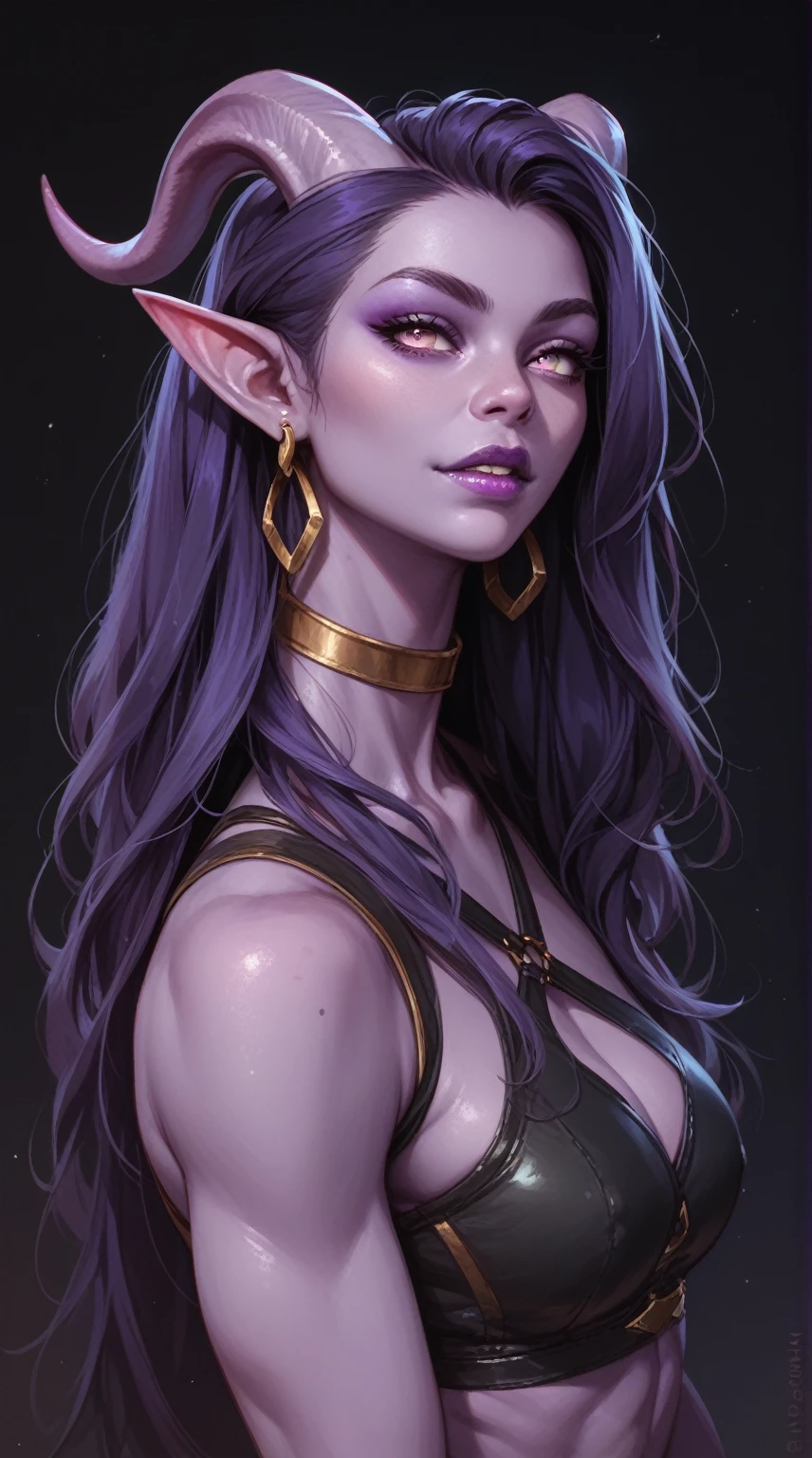 1 girl, A Tiefling,  Long hair,  high definition , earrings, Legs out of frame,  athletic body,  pretty face,  young , Violet skin, Dark background,