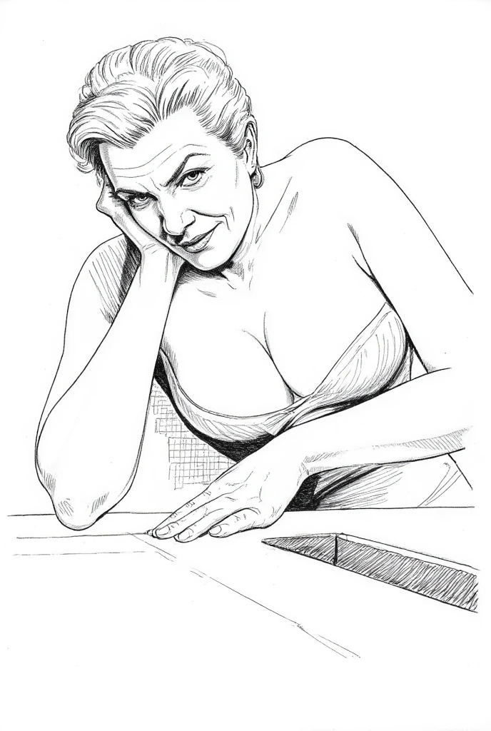 black ink outlines pencil drawing of sexy old gilf grandma with massive clevage leaning over her kitchen counter