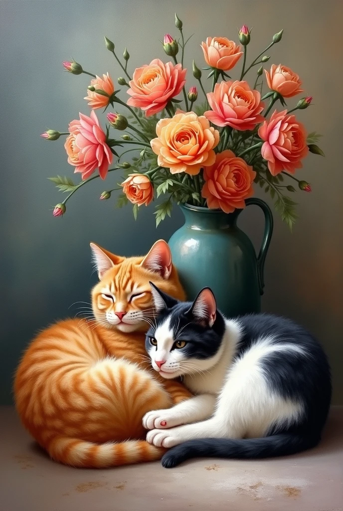 realistic oil painting in the impressionist style of two cats , one orange and one black and white lying next to a vase with flowers