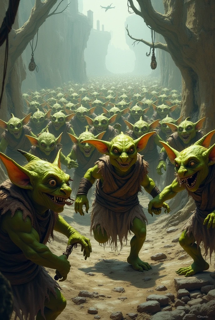 many goblins (goblin, green skin, pointy ear, dressed in rags), A nasty goblin, looking for a woman, forest,