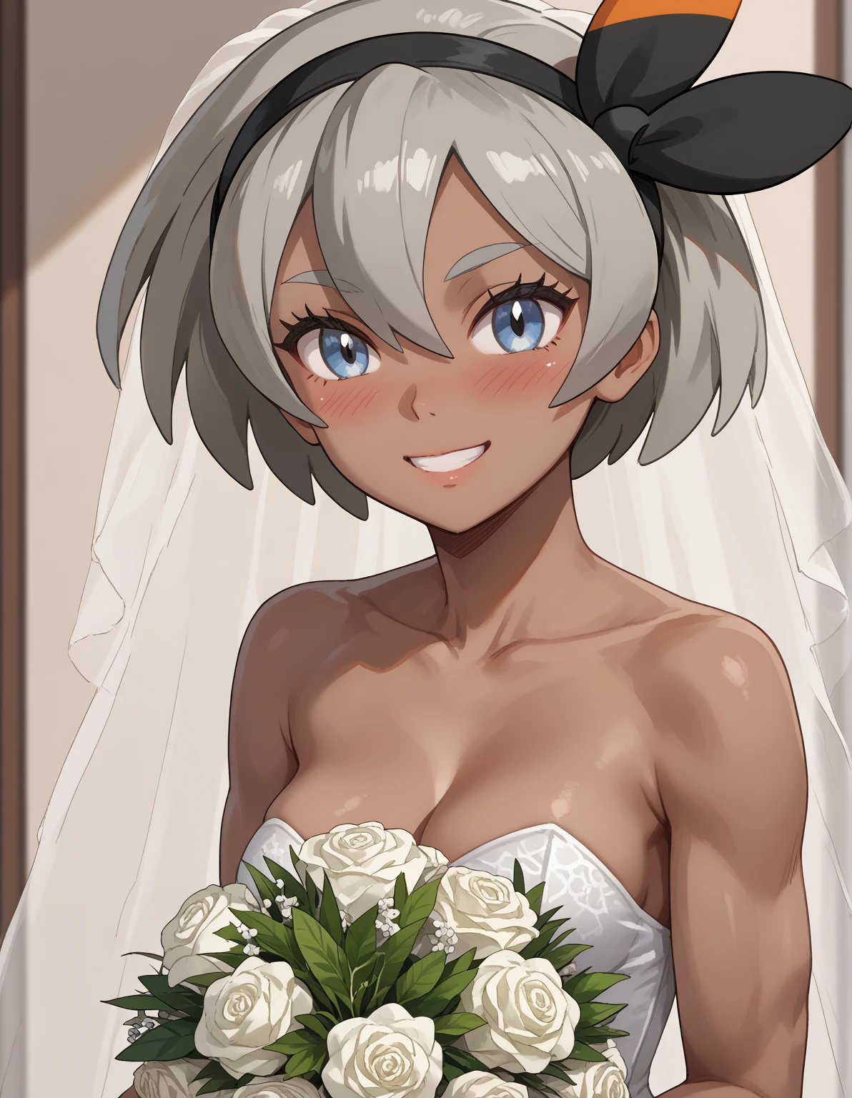  best quality, anime screencap, 1girl, solo, medium breasts, pokemonbea, blue eyes, dark skin, dark-skinned female, grey hair, hair between eyes, short hair, pokemon, pokemon_(anime), pokemon_journeys, pokemon_sv, pokemon_bw2, happy, blushing, wedding dress, wedding bouquet, Wedding Hall background, Wedding, white outline,