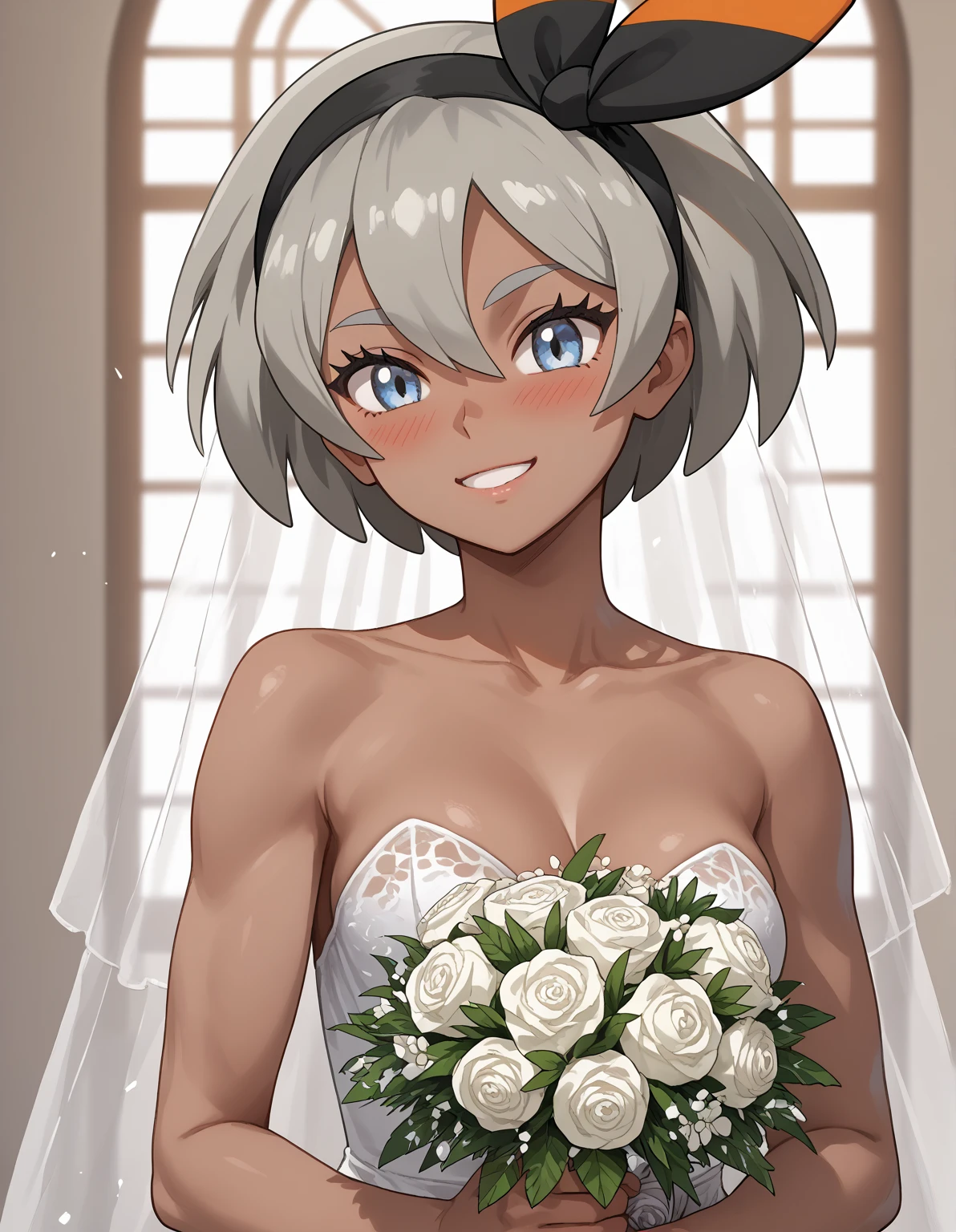  best quality, anime screencap, 1girl, solo, medium breasts, pokemonbea, blue eyes, dark skin, dark-skinned female, grey hair, hair between eyes, short hair, pokemon, pokemon_(anime), pokemon_journeys, pokemon_sv, pokemon_bw2, happy, blushing, wedding dress, wedding bouquet, Wedding Hall background, Wedding, white outline,