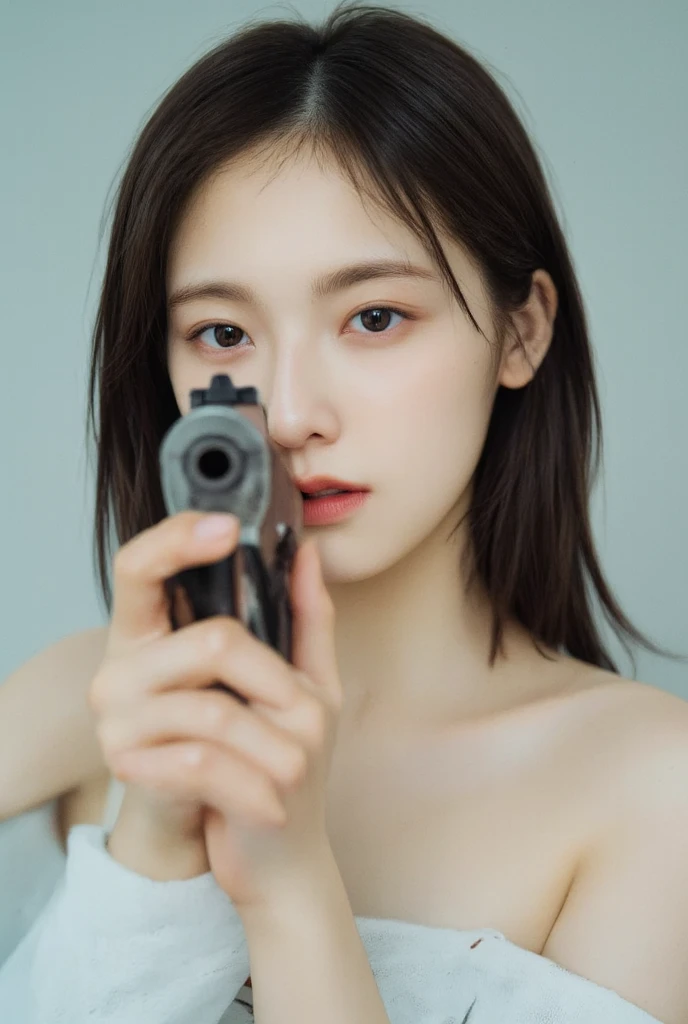 The girl is aiming the gun. Her face is very innocent and pretty Korean girl. She is naked. The photo contains her upper body.