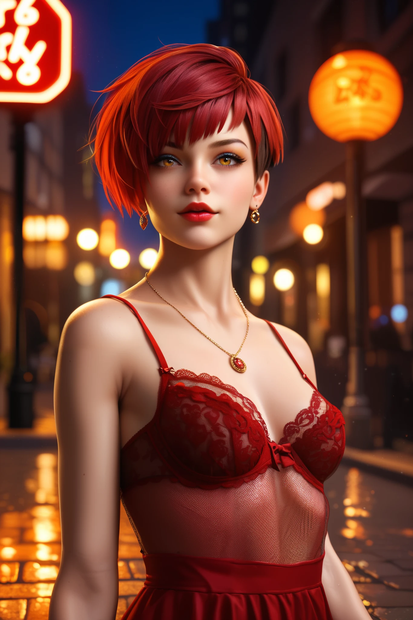 Close-up portrait of a fit model, very small breasts,wearing red lace lingerie,pixie cut hair,red lips,necklace,high-res,ultra-detailed,realistic:1.37,vivid colors,walking in a street at night,streetlights,reflection in puddles,golden-hour lighting,cityscape,cobblestone road,glowing neon signs