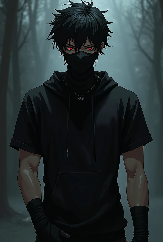 A boy wearing black jakat,full face mask, white eyes, red tai,mincraft theme, anime some blood fall on face and head, black heir looking deadly,