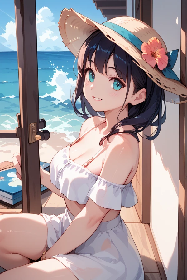 (((masterpiece))), (((best quality))), (((ship))), (((from side))), (((bend over))), (((head down looking down))), ((world landmark sand sculpture)), holding a shovel, bikini, chiffon jacket, sea, wind, beach, solo, 1girl, kneeling, cleavage, (((big tits))), collarbone, sweat, ribbon, black updo hair, open mouth, shy, blush, slim figure, <lora:girllikesandsculpture:1>