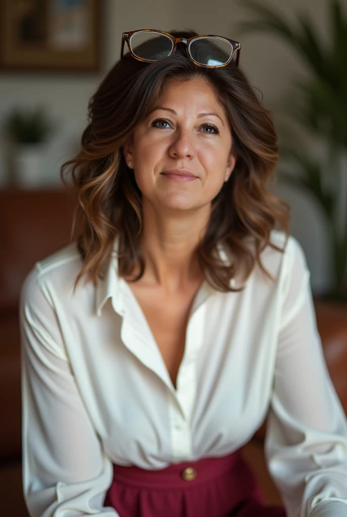 a woman with glasses and a black button shirt smiling, this person does not exist, the look of an elderly person, 60 years old , mature facial features, louise dalh wolfe-virginie roaperarthe jonkers merged, entire body visible, full body, hyperrealistic, best quality, 8K, masterpiece, extremely intricate, detailed eyes, detailed face, detailed body, exaggerated features, pronounced features, fujifilm