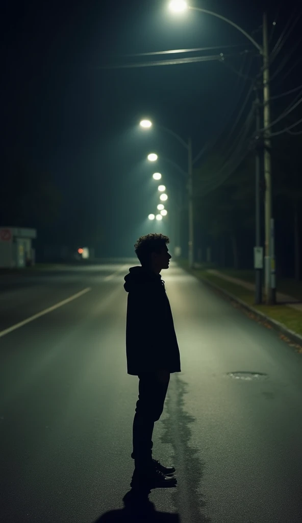 Description: A dark background with the night city silhouette in muted tones at the bottom. The boy in profile is closer to the viewer, Spotlight, with the black coat and hood. The city may be blurred to highlight the main figure.
Additional Details: Include some city lights in the background to give a sense of depth and life to the scene.