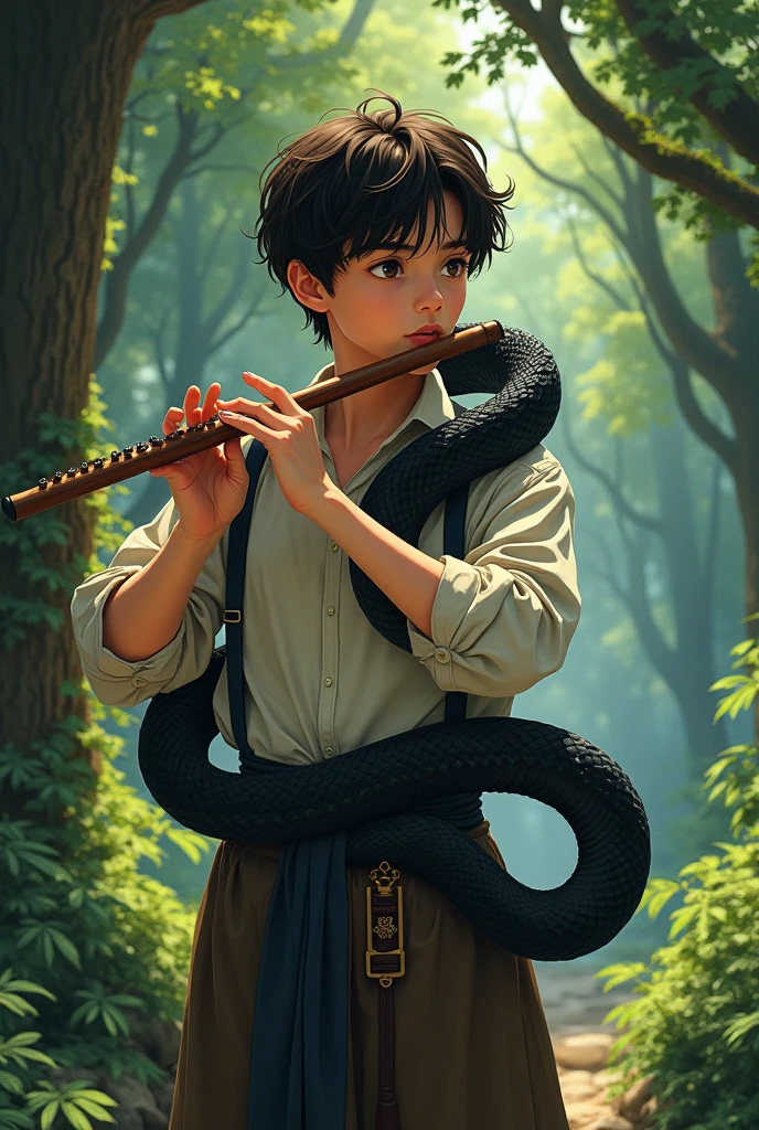 1 boy, 9 years old, dark blond, shoulder-length hair, in the forest amid trees, birds and animals, playing the flute, cheerful, simple clothes