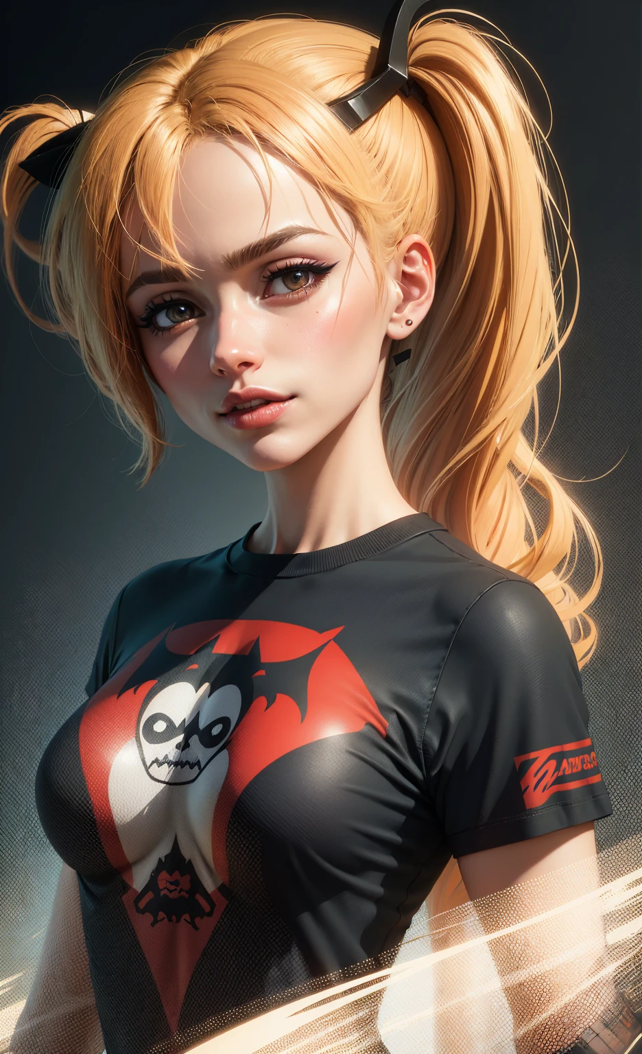 High quality design vector style image, T-shirt print style, Harley Quinn graphic art on white background, Bright, lifelike colors, A female supervillain, There is a hyena next to it, Gotham City style landscape