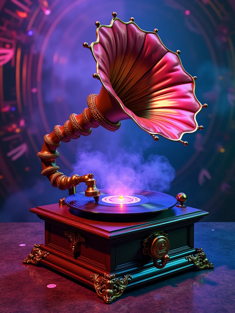 resolution="8k, ultra-detailed, fine details, high-quality artwork",  
style="vivid and festive Brazilian carnival-inspired illustration",  
subject="a vintage record player, adorned with vibrant tropical motifs like feathers, sequins, and colorful gemstones, capturing the energy and spirit of Rio de Janeiro’s samba culture",  
details="the record player’s base is crafted from polished tropical wood, decorated with intricate patterns of carnival masks, vibrant feathers, and metallic accents, the horn is painted in shimmering gold and surrounded by bursts of bright colors, exuding a radiant glow",  
lighting="bright and dynamic lighting, mimicking the dazzling effect of Rio’s carnival nights, with colorful reflections of green, yellow, and blue lights creating a mesmerizing atmosphere",  
background="a lively street scene of Rio de Janeiro during Carnaval, with samba dancers, parade floats, and the iconic Sugarloaf Mountain visible in the distance, confetti and streamers filling the air",  
atmosphere="joyful and energetic, capturing the rhythm and movement of samba music, with an infectious sense of celebration and cultural pride",  
effects="musical notes and vibrant energy radiate from the record player, blending with the lively sounds of samba percussion and brass instruments, adding a surreal, festive touch to the scene",  
composition="central focus on the record player, surrounded by a carnival parade in full swing, balancing the intricate details of the player with the vibrant, lively background, evoking the essence of Brazilian music and culture"