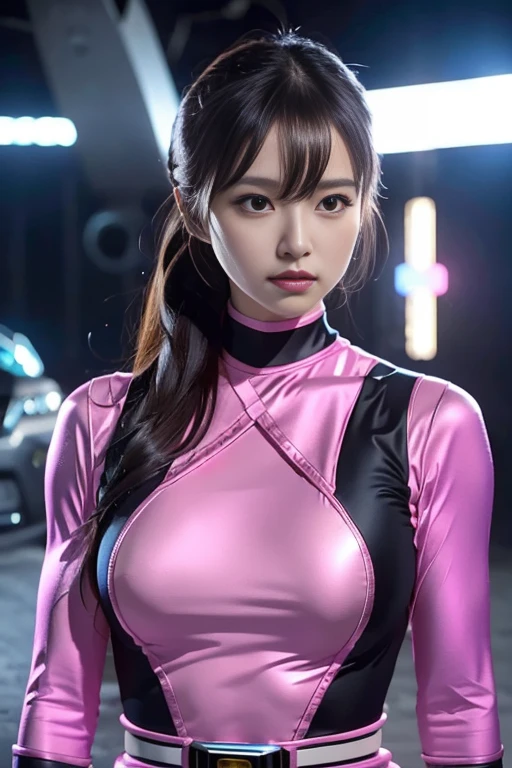  women wear pink bodysuits、black,  blue ranger suit , as she power rangers pink,  Power Rangers pink , black短い髪, Advanced Details, Realistic, Gloves, ultra Realistic,  stunningly beautiful woman 