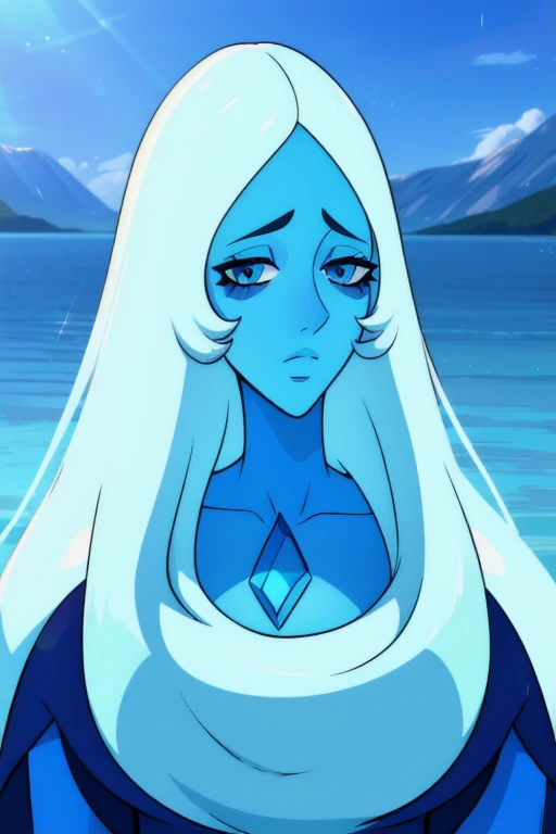 (8k) (high res) (best quality) (masterpiece) blue_diamond, white hair,long hair, blue skin,colored skin,  blue eyes, gem, blue dress, upper body, lake, blue cloaked 