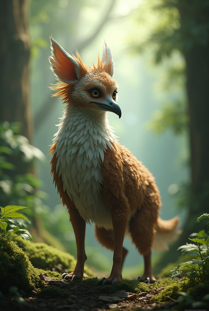 create an owl-headed animal, dog body, goat legs and peacock tail (realist)
