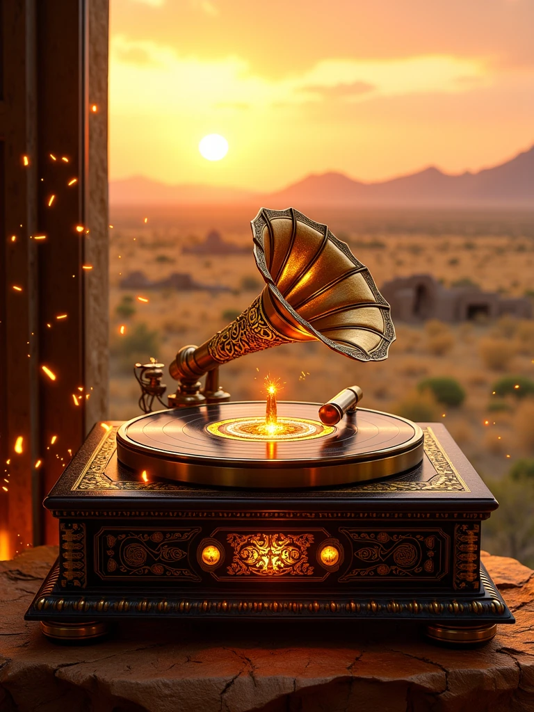 resolution="8k, ultra-detailed, fine details, high-quality artwork",  
style="vivid and festive Brazilian carnival-inspired illustration",  
subject="a vintage record player, adorned with vibrant tropical motifs like feathers, sequins, and colorful gemstones, capturing the energy and spirit of Rio de Janeiro’s samba culture",  
details="the record player’s base is crafted from polished tropical wood, decorated with intricate patterns of carnival masks, vibrant feathers, and metallic accents, the horn is painted in shimmering gold and surrounded by bursts of bright colors, exuding a radiant glow",  
lighting="bright and dynamic lighting, mimicking the dazzling effect of Rio’s carnival nights, with colorful reflections of green, yellow, and blue lights creating a mesmerizing atmosphere",  
background="a lively street scene of Rio de Janeiro during Carnaval, with samba dancers, parade floats, and the iconic Sugarloaf Mountain visible in the distance, confetti and streamers filling the air",  
atmosphere="joyful and energetic, capturing the rhythm and movement of samba music, with an infectious sense of celebration and cultural pride",  
effects="musical notes and vibrant energy radiate from the record player, blending with the lively sounds of samba percussion and brass instruments, adding a surreal, festive touch to the scene",  
composition="central focus on the record player, surrounded by a carnival parade in full swing, balancing the intricate details of the player with the vibrant, lively background, evoking the essence of Brazilian music and culture"