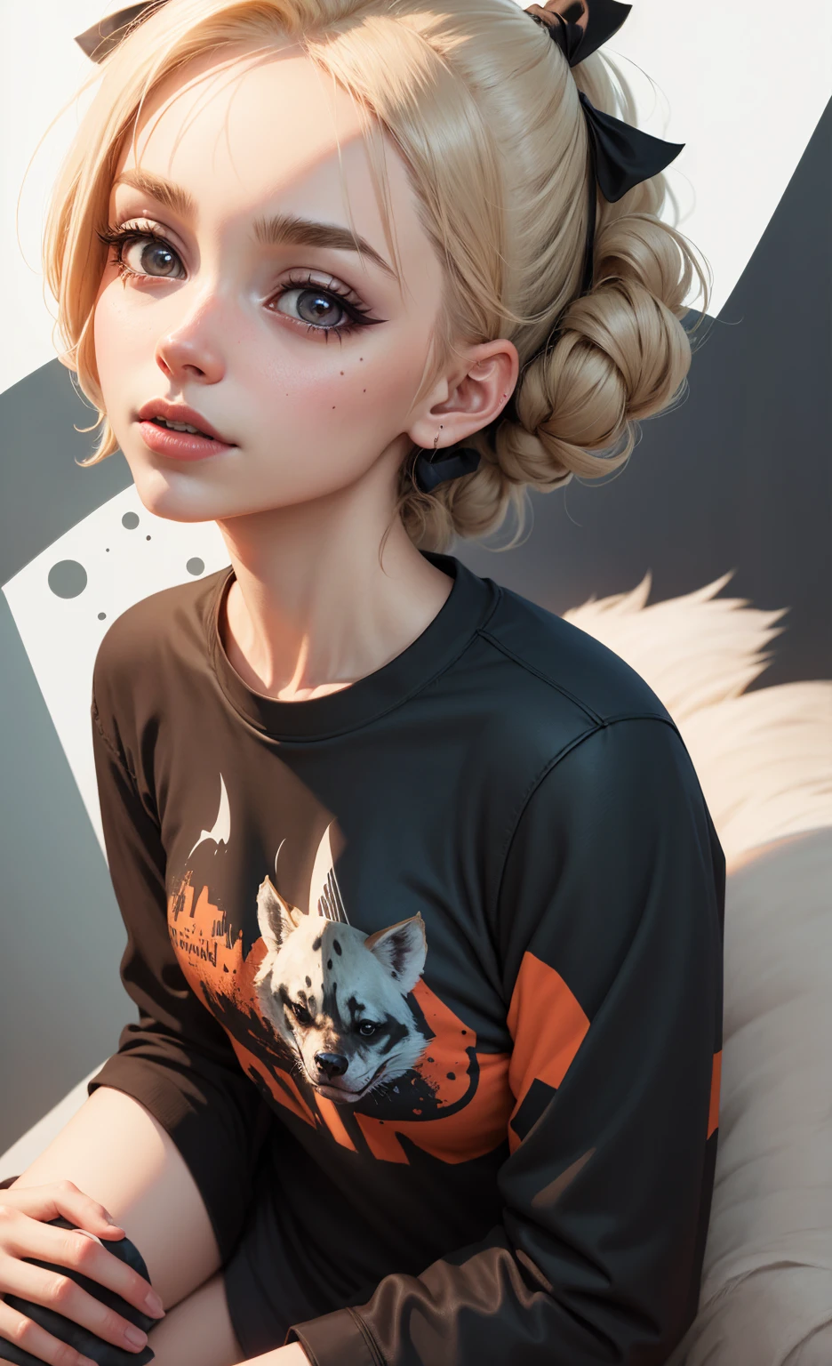 High quality design vector style image, T-shirt print style, Harley Quinn graphic art on white background, Bright, lifelike colors, A female supervillain, There is a hyena next to it, Gotham City style landscape