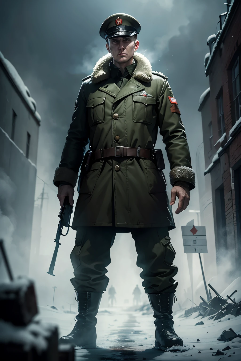 1 male, soviet soldier, WW2, brown hair, medium-sized beard, blue eyes, scar over left eye, mature, ushanka hat with hammer and sickle, burning city