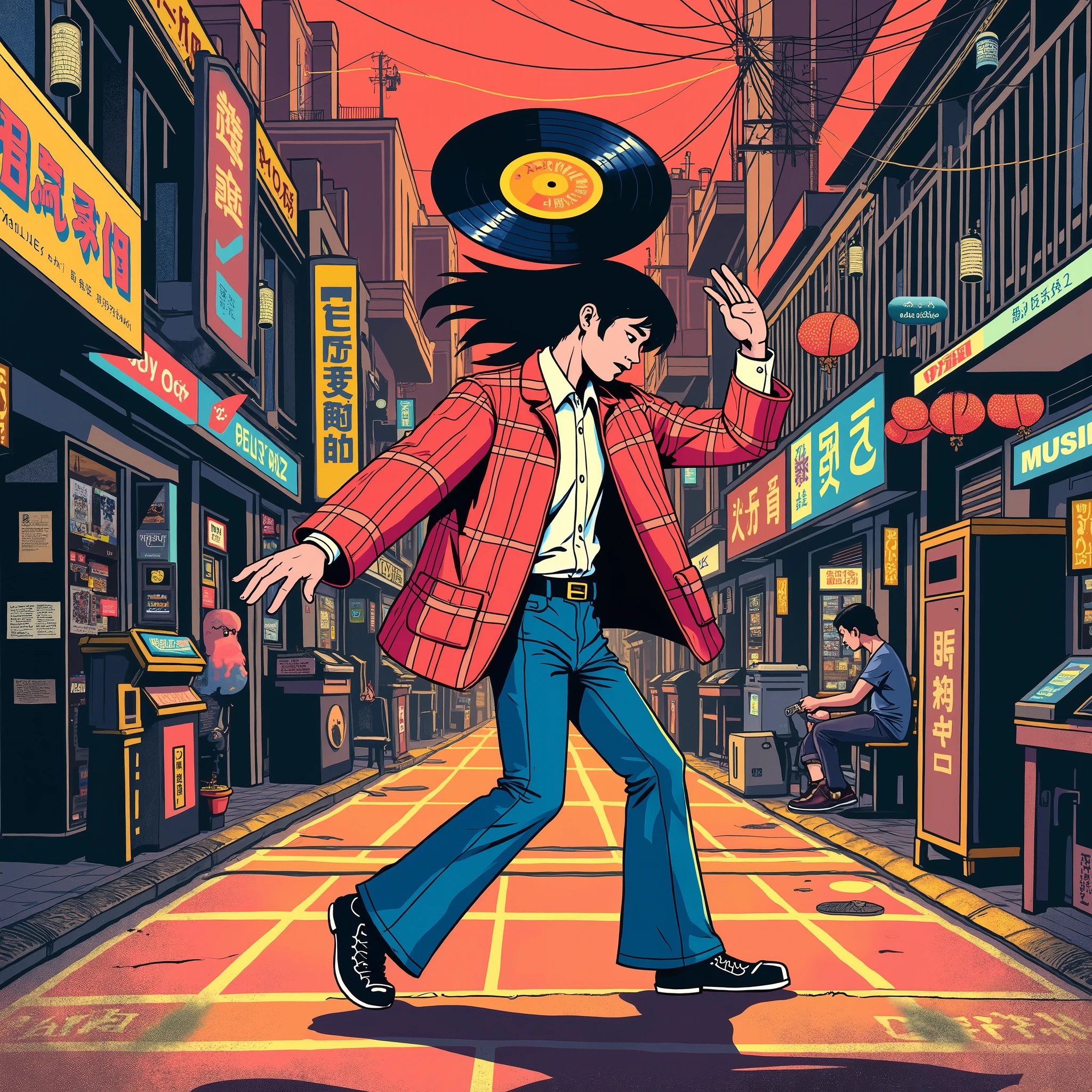 (masterpiece,  High Quality ,  high definition ,  Golden Ratio , 8k,  A flat 80s illustration , Japanese POP ART ), (((EIZIN_ A flat 80s illustration ))), (( 1980s record jacket depicting , SUZUKI illustration work , five-line music dancing around a record player)), CITY POP SCENE IN JAPAN ,