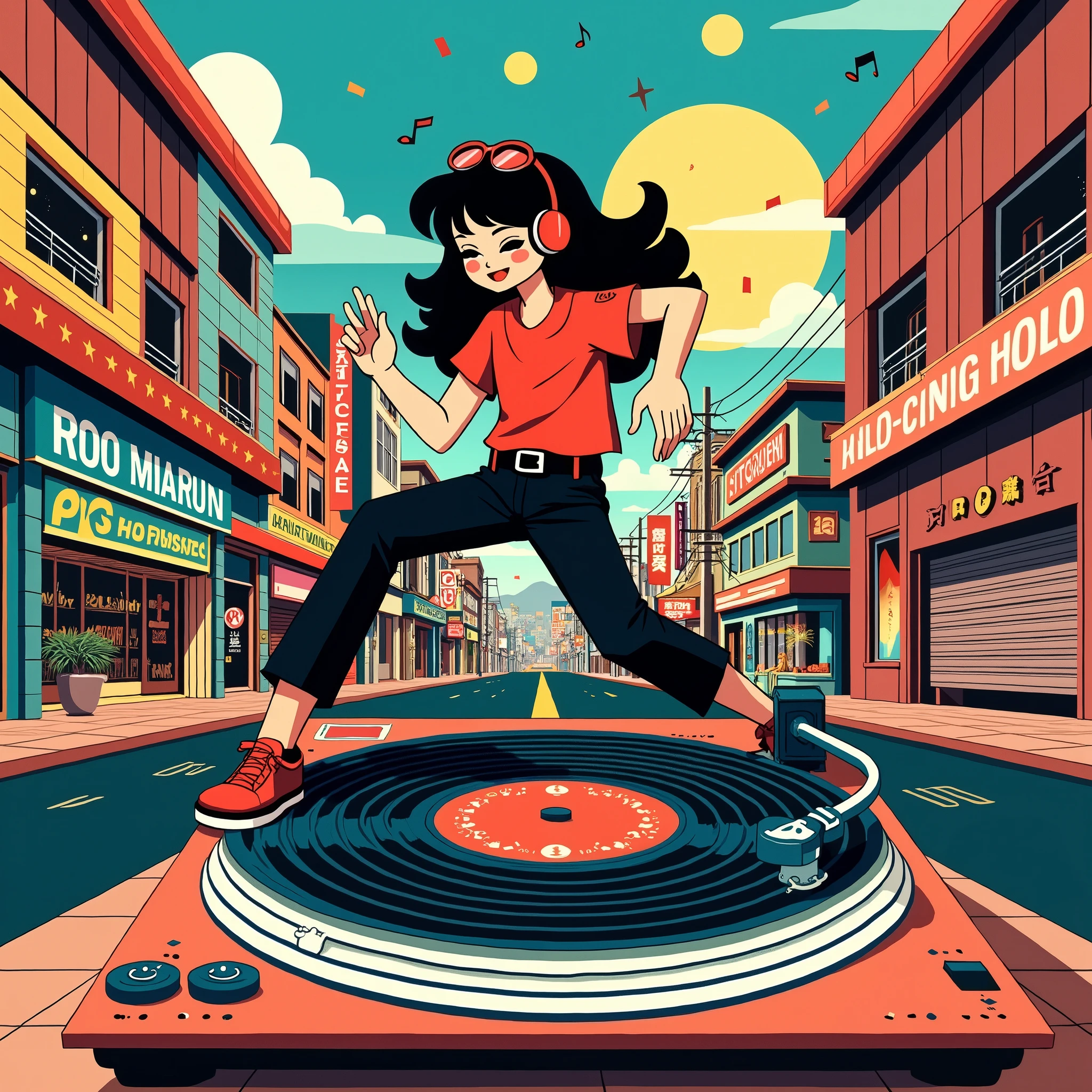 (masterpiece,  High Quality ,  high definition ,  Golden Ratio , 8k,  A flat 80s illustration , Japanese POP ART ), (((EIZIN_ A flat 80s illustration ))), (( 1980s record jacket depicting , SUZUKI illustration work , five-line music dancing around a record player)), CITY POP SCENE IN JAPAN ,