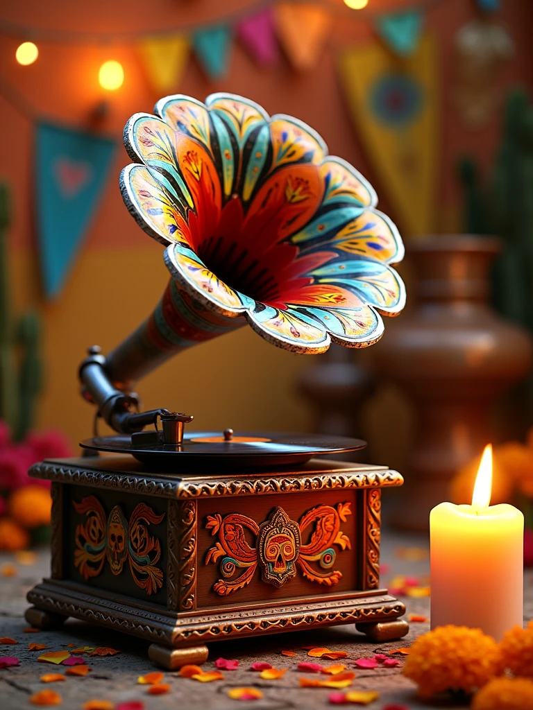 resolution="8k, ultra-detailed, fine details, high-quality artwork",  
style="vivid and festive Brazilian carnival-inspired illustration",  
subject="a vintage record player, adorned with vibrant tropical motifs like feathers, sequins, and colorful gemstones, capturing the energy and spirit of Rio de Janeiro’s samba culture",  
details="the record player’s base is crafted from polished tropical wood, decorated with intricate patterns of carnival masks, vibrant feathers, and metallic accents, the horn is painted in shimmering gold and surrounded by bursts of bright colors, exuding a radiant glow",  
lighting="bright and dynamic lighting, mimicking the dazzling effect of Rio’s carnival nights, with colorful reflections of green, yellow, and blue lights creating a mesmerizing atmosphere",  
background="a lively street scene of Rio de Janeiro during Carnaval, with samba dancers, parade floats, and the iconic Sugarloaf Mountain visible in the distance, confetti and streamers filling the air",  
atmosphere="joyful and energetic, capturing the rhythm and movement of samba music, with an infectious sense of celebration and cultural pride",  
effects="musical notes and vibrant energy radiate from the record player, blending with the lively sounds of samba percussion and brass instruments, adding a surreal, festive touch to the scene",  
composition="central focus on the record player, surrounded by a carnival parade in full swing, balancing the intricate details of the player with the vibrant, lively background, evoking the essence of Brazilian music and culture"