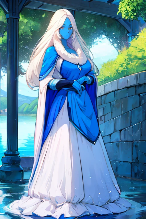 (8k) (high res) (best quality) (masterpiece) blue_diamond, white hair,long hair, blue skin,colored skin, sustl, long skirt, cape, blue eyes, gem, blue dress, lake, blue cloaked, standing 