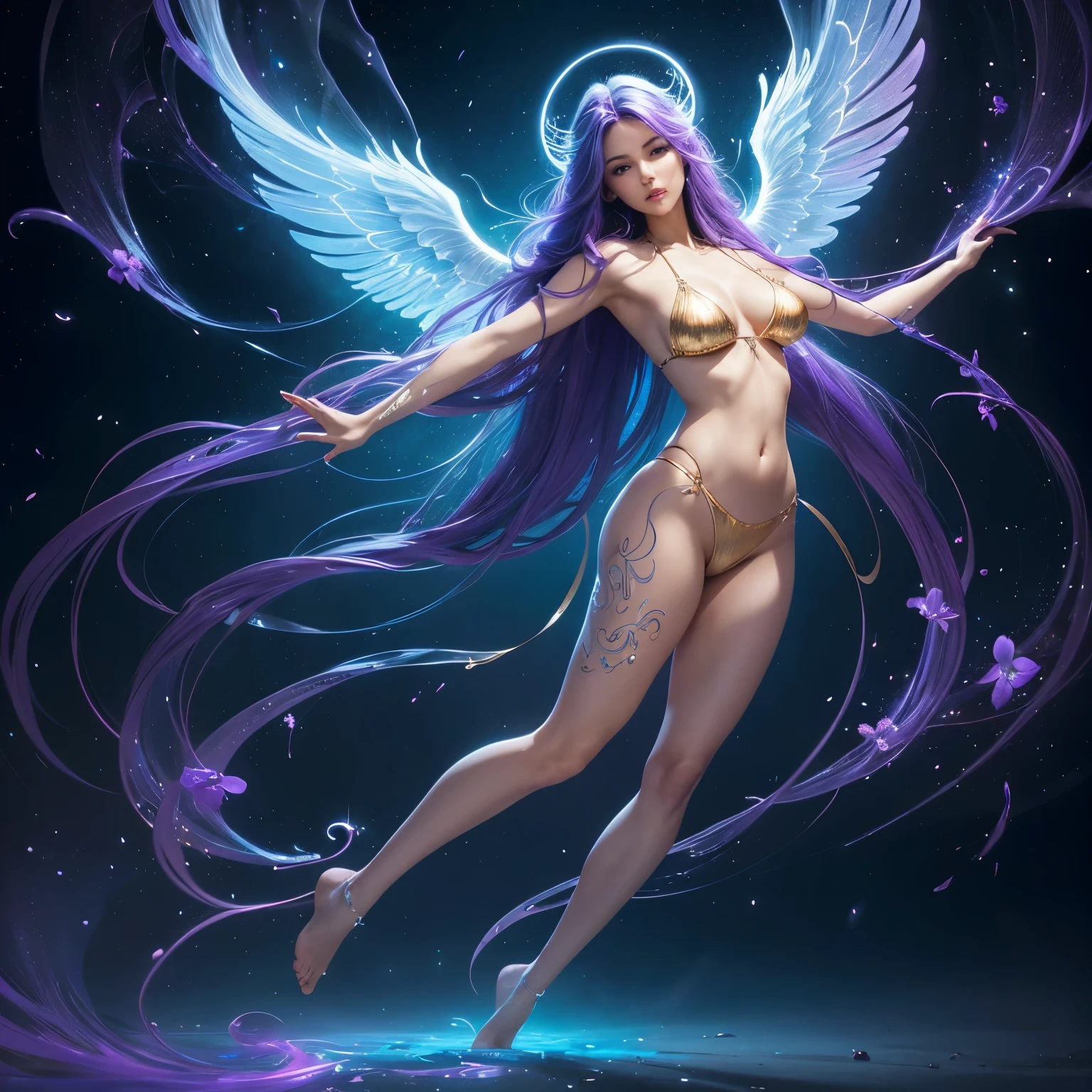 female cosmic fallen angel, bright light eyes, deeply sexy, sensual, otherworldly, enchanting, dreamy, very bright colors, light particles, with luminous light, Mshiff, wallpaper art, UHD wallpaper, topless, huge breasts, Slim waist, long legs, hot. full body, full body.work of art, detailed.