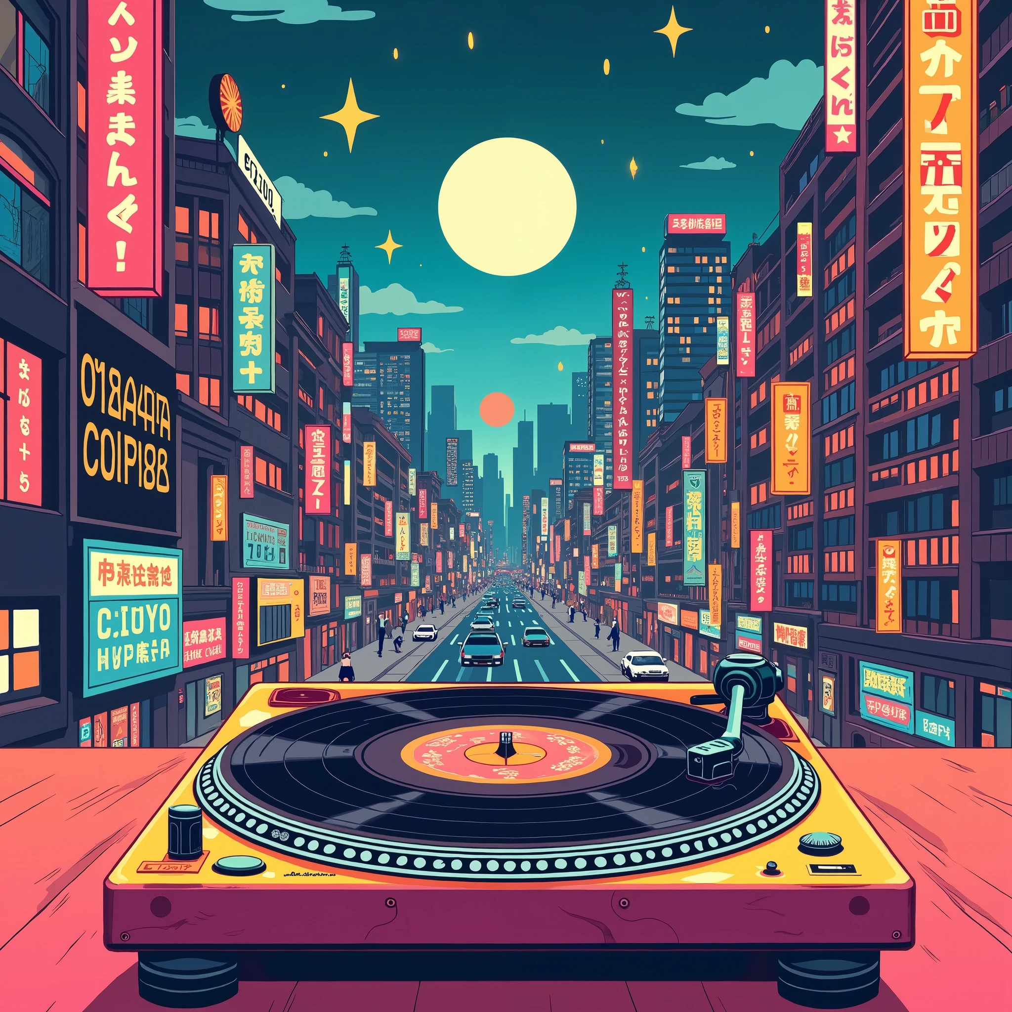 (masterpiece,  High Quality ,  high definition ,  Golden Ratio , 8k,  A flat 80s illustration , Japanese POP ART ), (((EIZIN_ A flat 80s illustration ))), (( 1980s record jacket depicting , SUZUKI illustration work , five-line music dancing around a record player)), CITY POP SCENE IN JAPAN ,