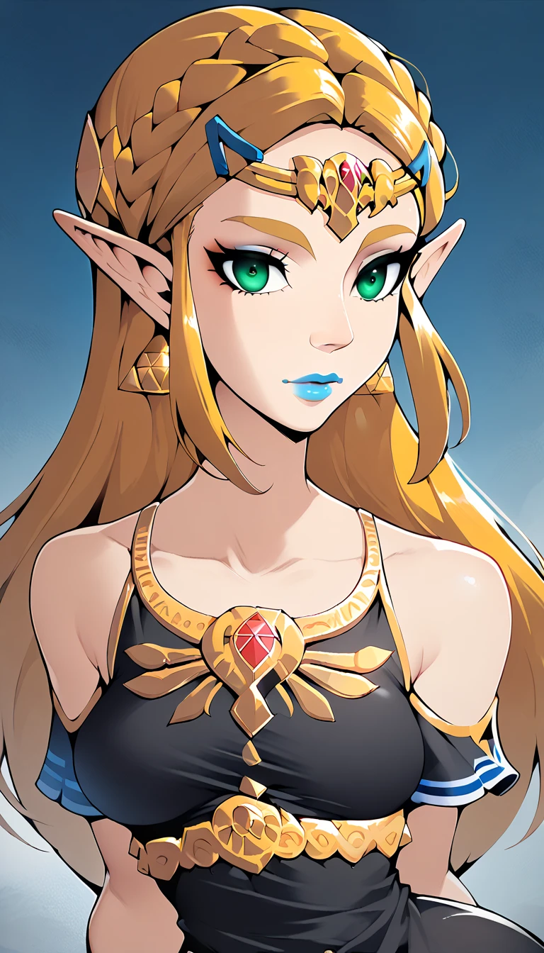 Score_9, Score_8_high, Score_7_high, Score_6_high, geewhy_Stil, Princess Zelda,
 1 girl, Alone,  looking at the viewer, , Gold,  long hair, green eyes, blonde hair, pointed ears, fair-skinned woman, makeup, lipstick,   blue lips, Breasts,  bare shoulders,  crop top, black dress
cowboy shot ,  Dutch angle ,  light smile , 
