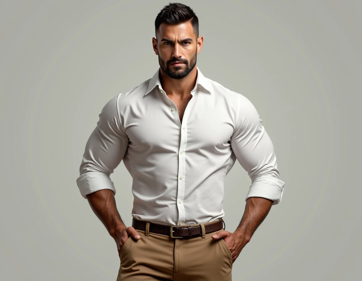  image of a 34-year-old man very athletic body,  white shirt and light brown tight pants ,  in a very attractive manly pose , real image,  honey-colored brown eyes ,  short hair and short beard , well-behaved , very manly and virile 