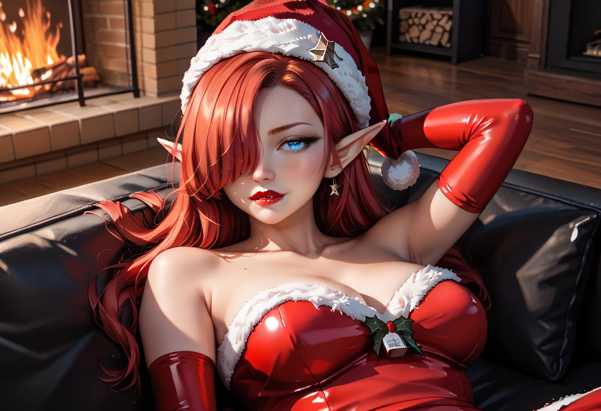 score_9, score_8_up, score_7_up, 1girl, Beautiful, Curvy, Tall, Mature, (Medium Breasts: 1.3), (Elf Woman: 1.3), (lying on back, on sofa, hand behind head, in front of a fireplace at night in the dark: 1.3), (Thicc Thighs, Big butt: 0.7), (Long Red Hair over one eye: 1.3), Blue Eyes: 1.3, has shine, double eyelids, detailed irises, (Latex Santa_Dress: 1.3), (Santa Hat: 1.3), Santa Elbow Gloves: 1.3, Santa Thighhigh Stockings: 1.3, Red Shiny lipstick: 1.3, 16k, light and shadow on skin, vivid colors, Lustful Expression, sexy mature face, lots of freckles, full voluptuous pouty lips, extreme blush, Looking at Viewer, eyes half open, (Biting Bottom Lip: 1.3), (Close-up: 1.2), extremely detailed, ray tracing, RTX, high saturation, high contrast, photon mapping, sharp image, best quality, detailed background, intricate details.