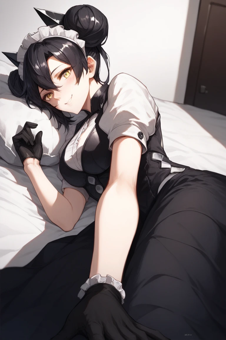work of art, best qualityer, high resolution, 1girl horns short hair demon tail, white shirt black ascot black gloves black pants black vest lying on your back, sheet, arms up