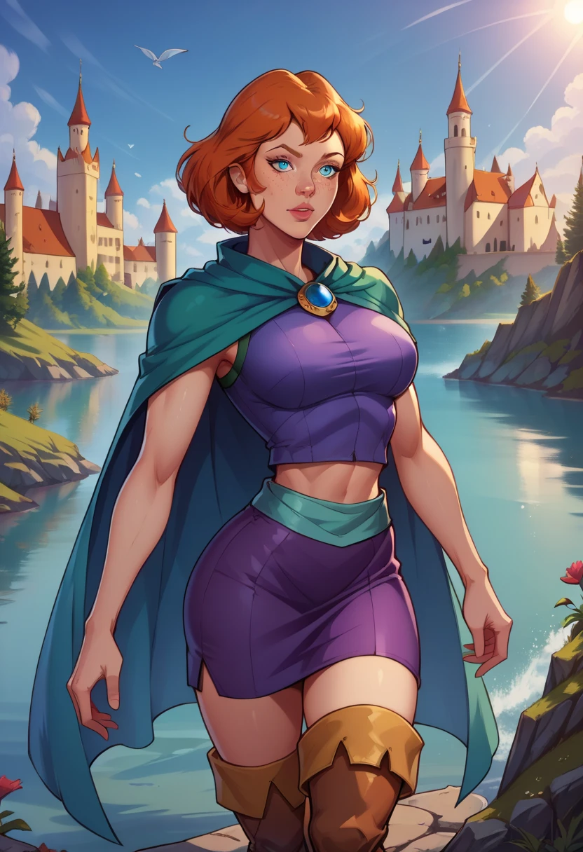 score_9, score_8_up, score_7_up, 1girl, High resolution, Very detailed, perfect lighting, beautiful detailed eyes, ((masterpiece, Best Quality)), absurdities, Alone, Sheila, \(dungeons_and_dragons\), blue eyes, orange hair, short hair, midriff, , boots, cape, purple skirt, purple shirt,  sleeveless, super muscular, adult abnormal, lake settings, sunny day, castle