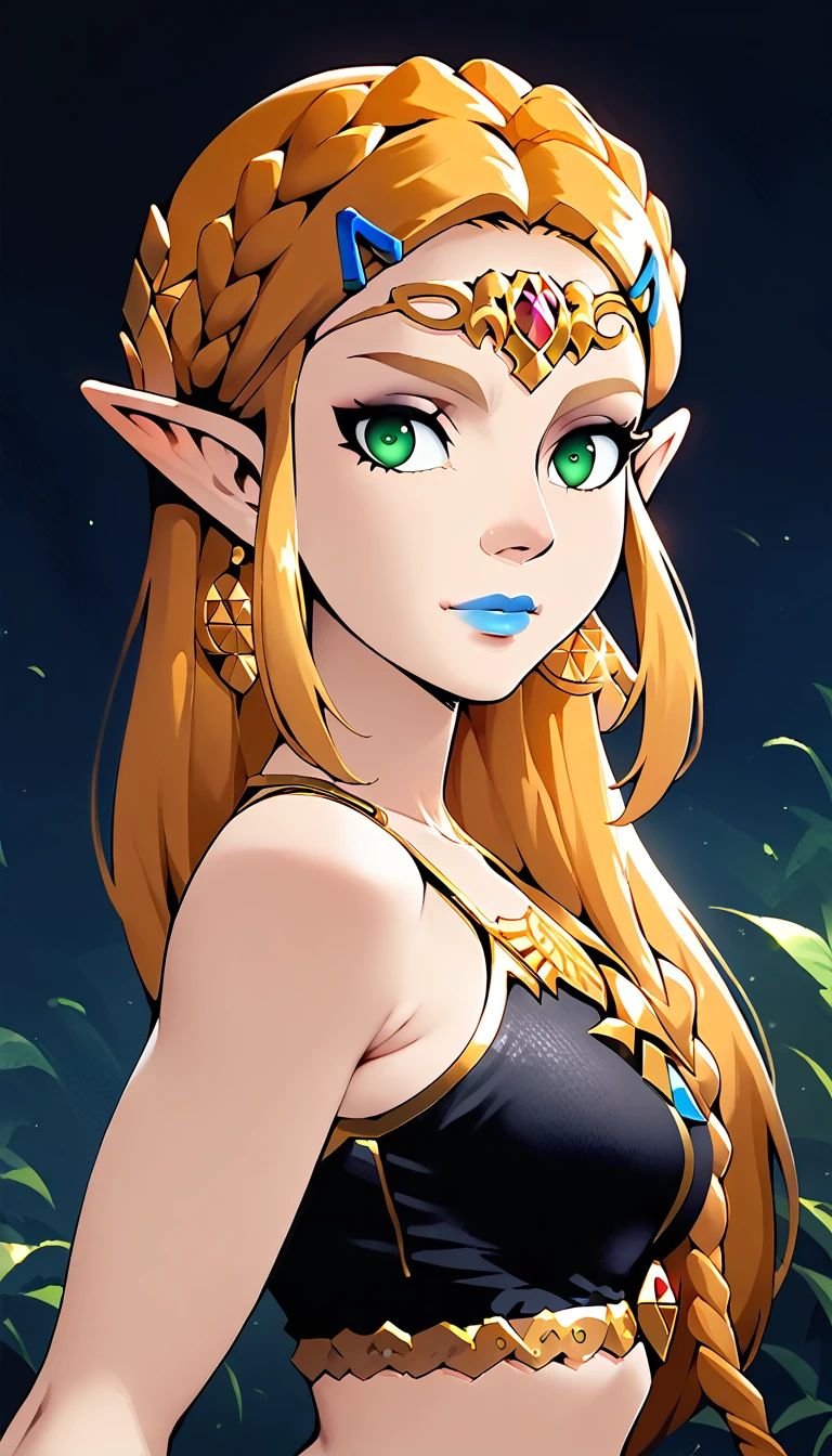 Score_9, Score_8_high, Score_7_high, Score_6_high, geewhy_Stil, Princess Zelda,
 1 girl, Alone,  looking at the viewer, , Gold,  long hair in braid, green eyes, blonde hair, pointed ears, fair-skinned woman, makeup, lipstick,   blue lips, Breasts,  bare shoulders,  crop top, black dress
cowboy shot ,  Dutch angle ,  light smile , 
