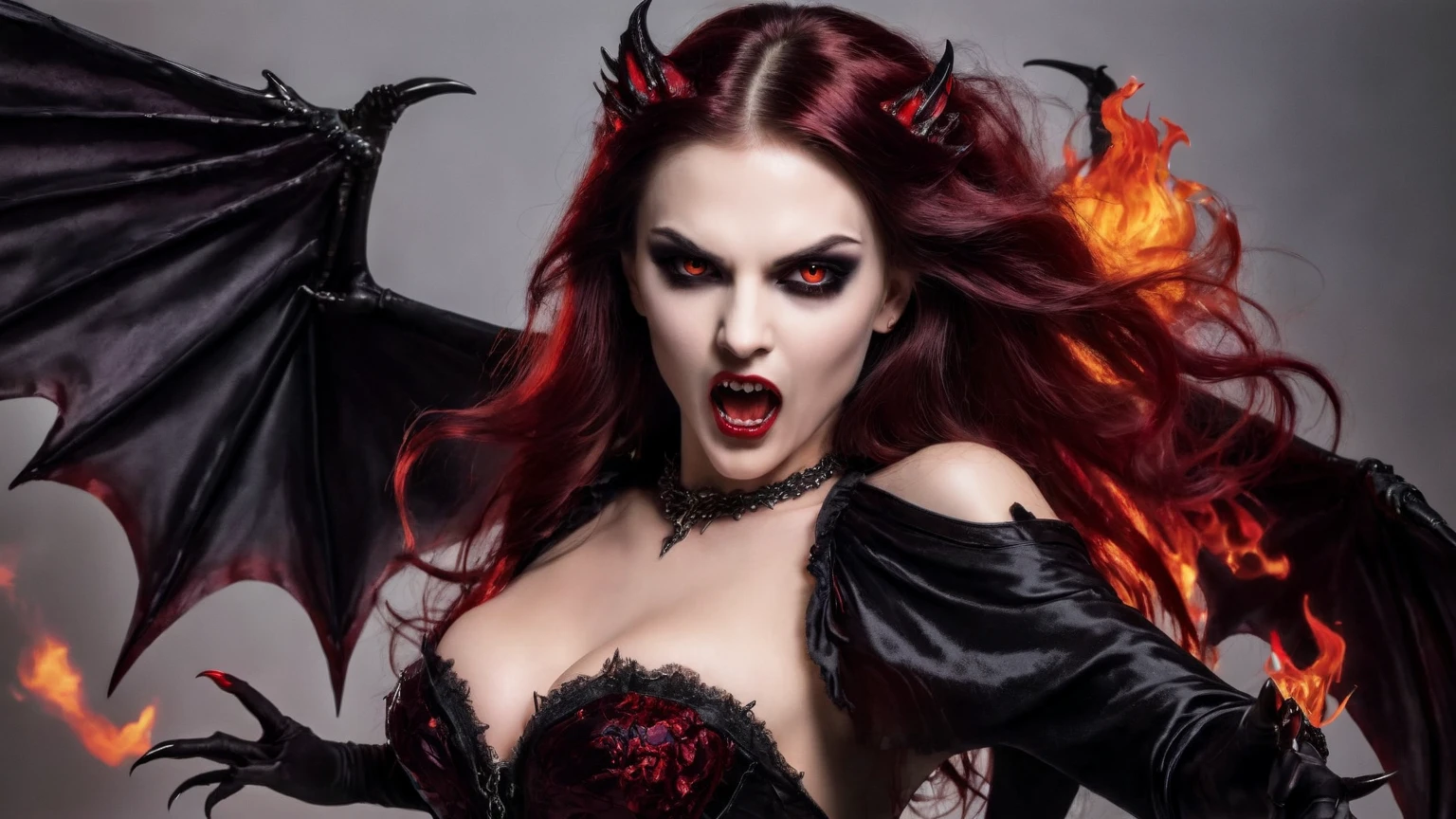 Realistic Beautyfull evil demonic sexy demented devil women,beautiful seductive facial expression,gorgeous facial features, highly detailed red skin, large curled devil horns, think curved jet black eyebrows, long luscious eyelashes, thick black eyeliner, jet black eye shadow, thick jet black lipstick,large hyper realistic detailed red eye, thin detailed little nose, high cheek bones, Cleft chin, small areolas, small perky darkred nipples, large voluptuous curved breasts, elegant figure, seductive hips, demonic devil outfit, large detailed demon wings,