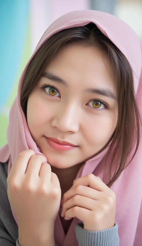 Long shot, human hijab female, a young hijab Korean Idol women with a halo like the full moon, charming korean idol face. Ideal body shape, Random pastel color hijab,, two eyes with different colors, pink and yellow. Her outfit is cyber style but modern hijab style. She has a cheerful smile. Double eyelids in both eyes, Natural makeup, long eyelashes, Tanned skin, Beautiful hair, Beautiful body shape, beautiful thigh, Beautiful fingers, central image, High resolution, high detailing, detailed hijab style, Detailed face, spectacular movie lighting, teenage room background, youth soul decoration, Perfect Anatomy, tre anatomically correct, 
This realistic image is taken with blackberry camera, POV, Pillarboxed, 85mm, Canon, High Resolution, Best Quality, Anatomically Correct, Award Winning, High Details, High Quality, Super Detailed, Textured Skin, UHD, VVIP Pastel color girls room with teen decoration soul
#fashion #style #unique-poses