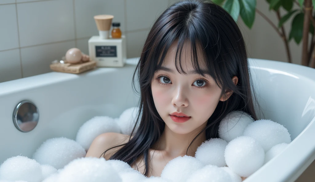 Professional,  realistic pictures, Chinese Girl, Picture of a young Japanese woman in a bathtub ,  She has long, unkempt black hair, bangs、She is taking a bath, She's wearing beautiful makeup , The bathtub is full of soap bubbles ,  The photo has bubbles flying in the foreground , SFW censored with soap bubbles,  intricate details