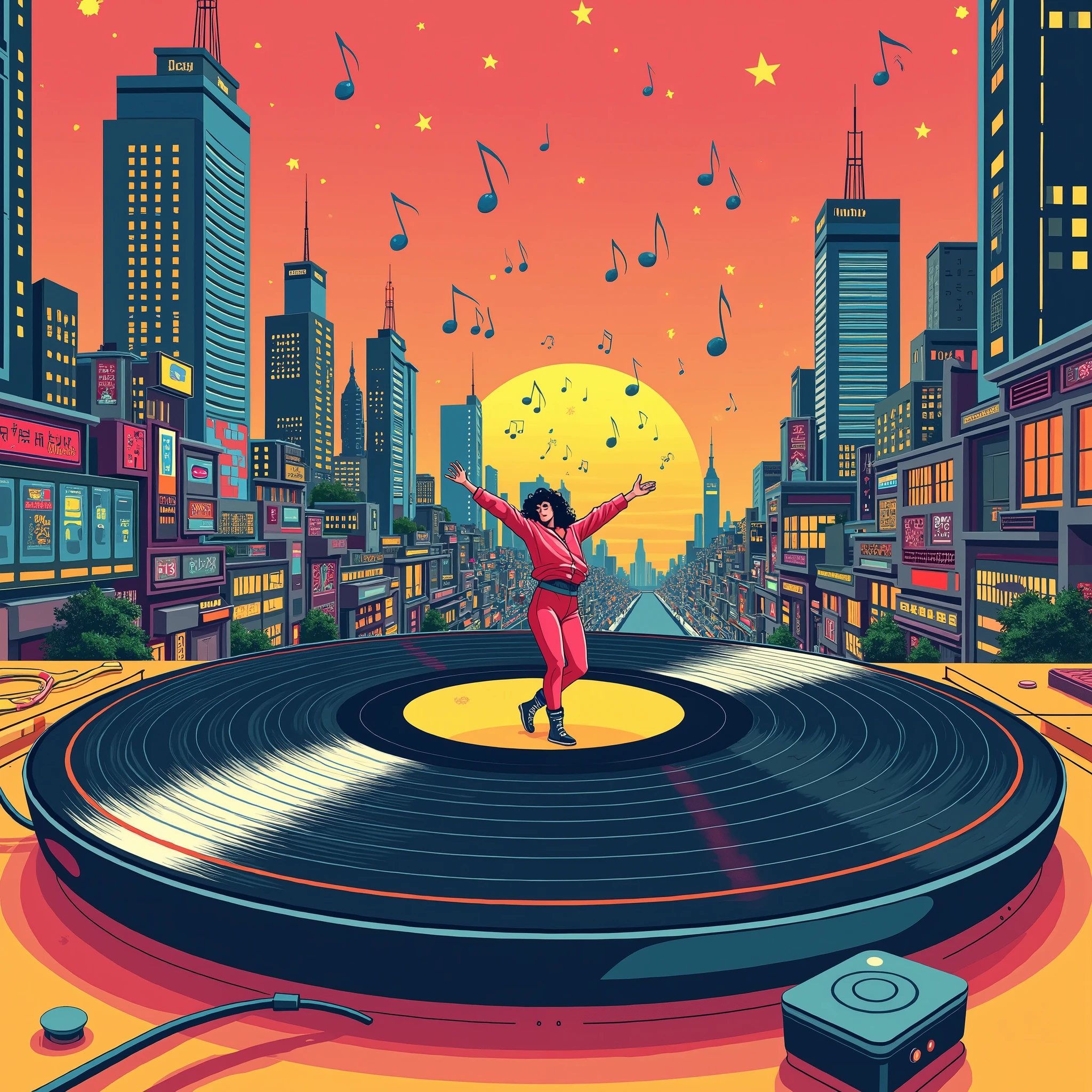 (masterpiece,  High Quality ,  high definition ,  Golden Ratio , 8k,  A flat 80s illustration , Japanese POP ART ), (((EIZIN_ A flat 80s illustration ))), (( 1980s record jacket depicting , SUZUKI illustration work , five-line music dancing around a record player)), CITY POP SCENE IN JAPAN ,