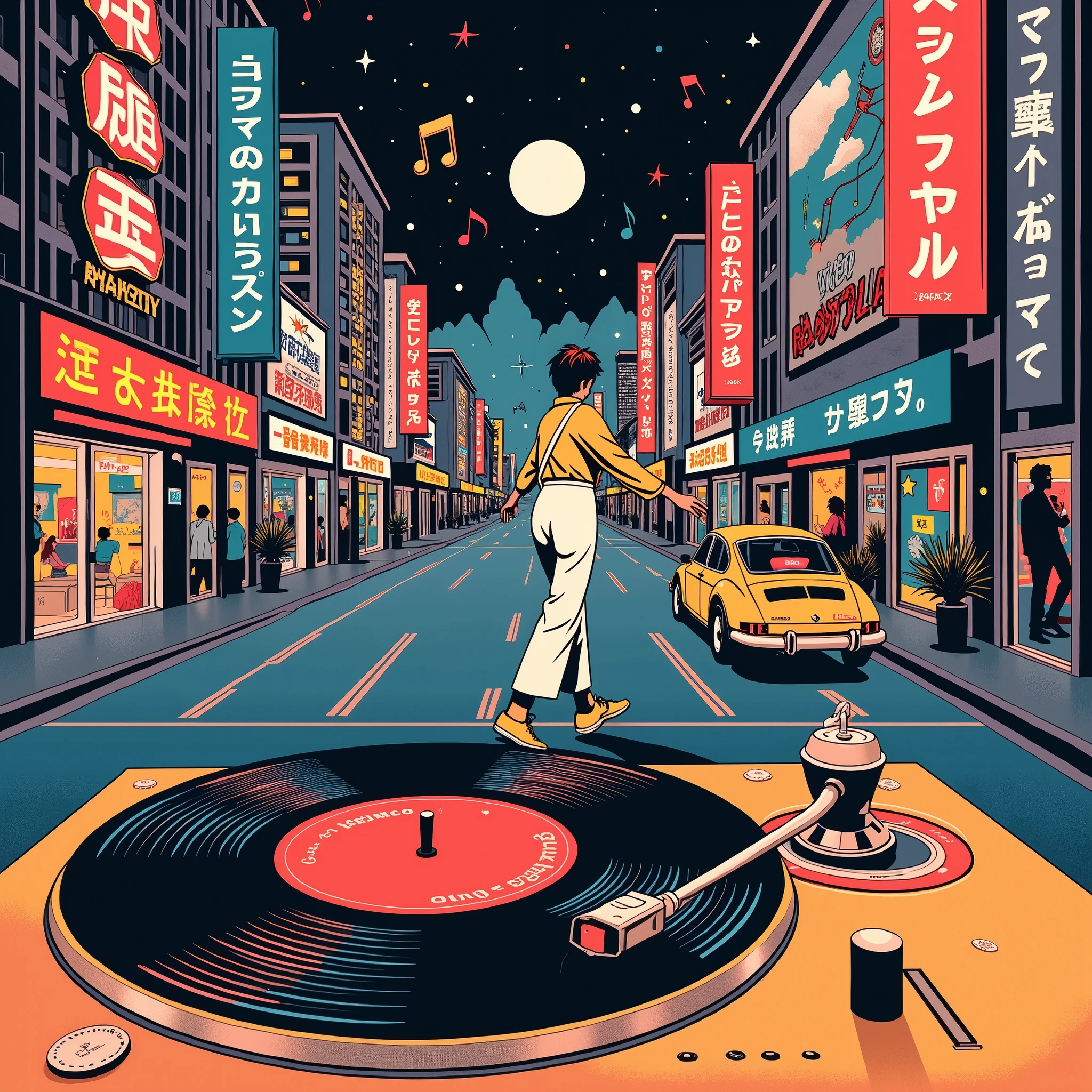 (masterpiece,  High Quality ,  high definition ,  Golden Ratio , 8k,  A flat 80s illustration , Japanese POP ART ), (((EIZIN_ A flat 80s illustration ))), (( 1980s record jacket depicting , SUZUKI illustration work , five-line music dancing around a record player)), CITY POP SCENE IN JAPAN ,