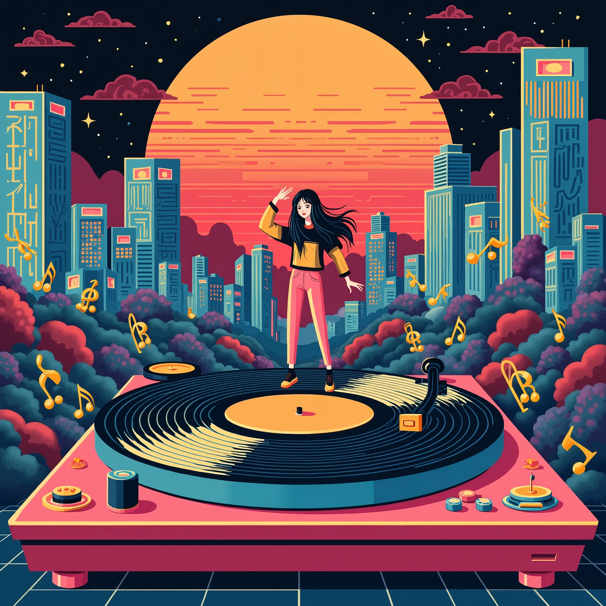 (masterpiece,  High Quality ,  high definition ,  Golden Ratio , 8k,  A flat 80s illustration , Japanese POP ART ), (((EIZIN_ A flat 80s illustration ))), (( 1980s record jacket depicting , SUZUKI illustration work , five-line music dancing around a record player)), CITY POP SCENE IN JAPAN ,