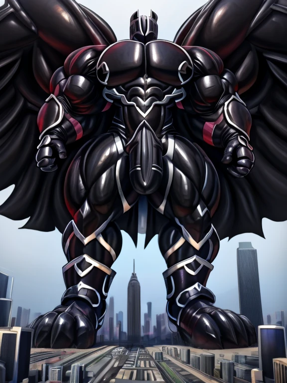 - Black Knight is wearing a latex muscle suit.
- masterpiece. official art. 8k. best quality. detailed full body. full body.
- black latex muscle suit. latex Muscle Suit. The whole body is black.
- no face. wearing a full-face helmet. helmet is jet black.

- He with 4 arms.
- large muscles,  big muscle, huge muscles,  massive muscles,  glistening muscles, bulk up.
- dominating latex Muscle Suit. He has long legs.
- focus GIANT mechanical Muscular latex Muscle Suit is trampling the city. Looking down. macro. stomp. Low-angle perspective. emphasizing the immense size.
- Spread wings. It has wings. black have big wings.
- He has a black cape on his back.
- The nails are sharp. The nails are black. There are five fingers.
- The toenails are sharp. The toenails are black. There are five toes.
- He is wearing boots. He is wearing gloves.
- black color hyper penis. hyper black penis. big penis.

- There are no nipples.