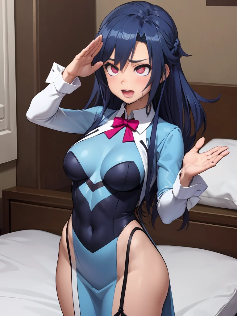 (   CG Details ), (     best quality   ),      1 girl,      perfect face,    shiny skin,   shiny skin,      wide hips ,      thin waist,      Shinpho Tsubasa     ,    Ahehe ,   eyes spinning round and round    ,Glassy Eyes,  on the bed , standing at attention, standing straight, hourglass figure, she’s giving me a salute, question-mark, shocked confused face, open mouth smiling, unaware,  common sense changeblank staring , mindlessly staring, pov male one hand groping a single massive breast, front view, park, amazing detail, perfect drawing, amazing lighting detailed, drooling, empty pupils wearing accurate Ymir Fritz gown, external expression magenta eyes      ,hypnotism,heart eye 1   :5,     blue hair   , Long Hair,       RANDOM SEXY LINGERIE     , Blushed 