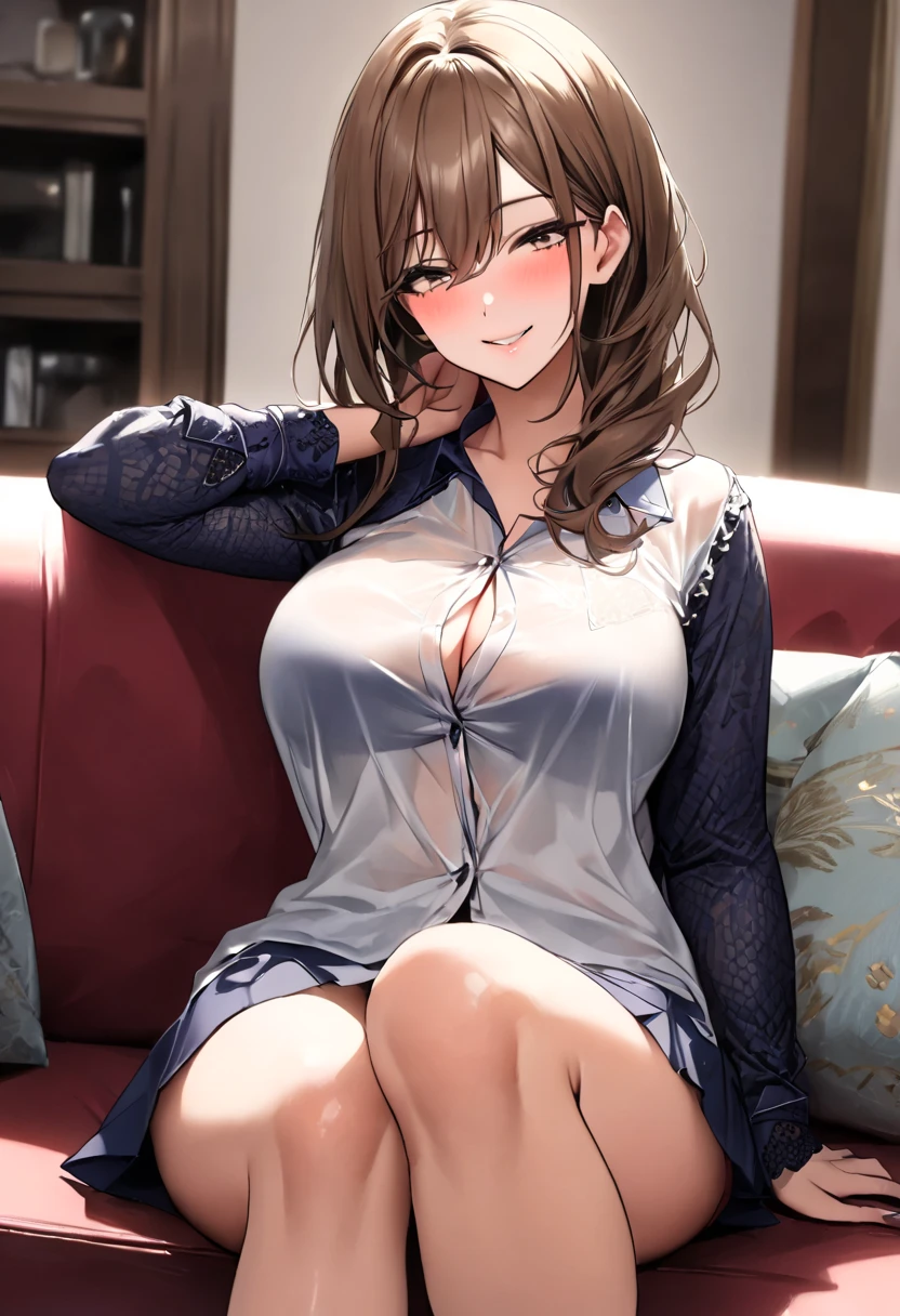 top-quality、Full limbs、complete fingers、1girl in、((one beautiful women、独奏))、Beautiful Large Breasts、Medium Hair、straight haired、brown haired、(Woman in a light blue collared shirt)、(Even the second button of the shirt is open.)、(Exposing the chest)、Light blue bra、(Light blue panties)、Herren、living room、Naughty Poses、A big smile