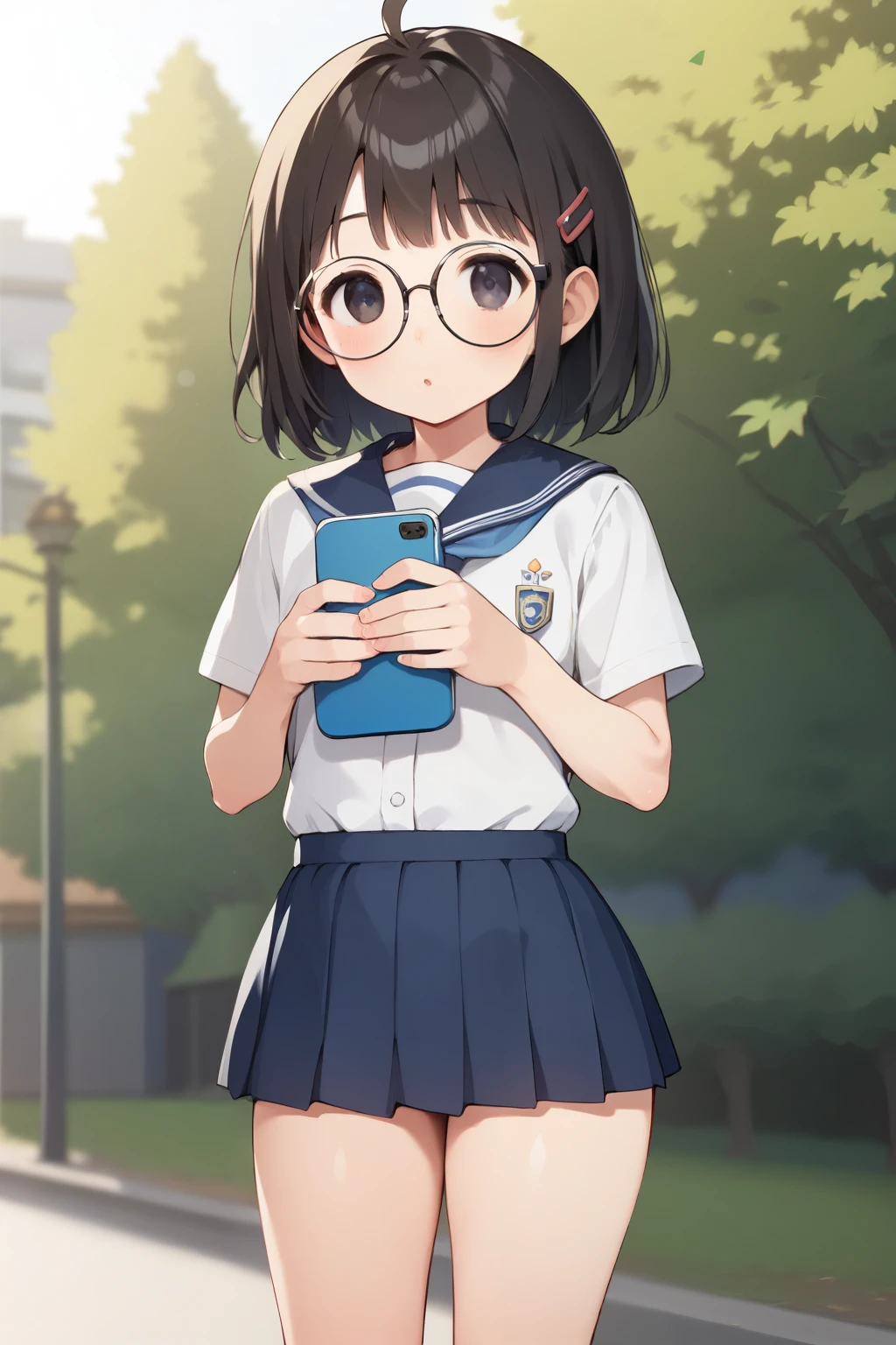  score_9,  score_8_up,  score_7_up,  score_6_up, Anime BREAK，nsfw， best quality，masterpiece，(Detailed Biography  :1.2)， Fisheye Lens ， a very young girl ，Very short stature:1.3，Round face，Baby Face，Glasses， toddler figure :1.2， flat chested， Thin Thighs ，Very short legs，A short and very cute 5th grade girl wears a uniform、 holding something with 「Akansha 」 a shiny white rectangle with 。autumn， sarcasm ，