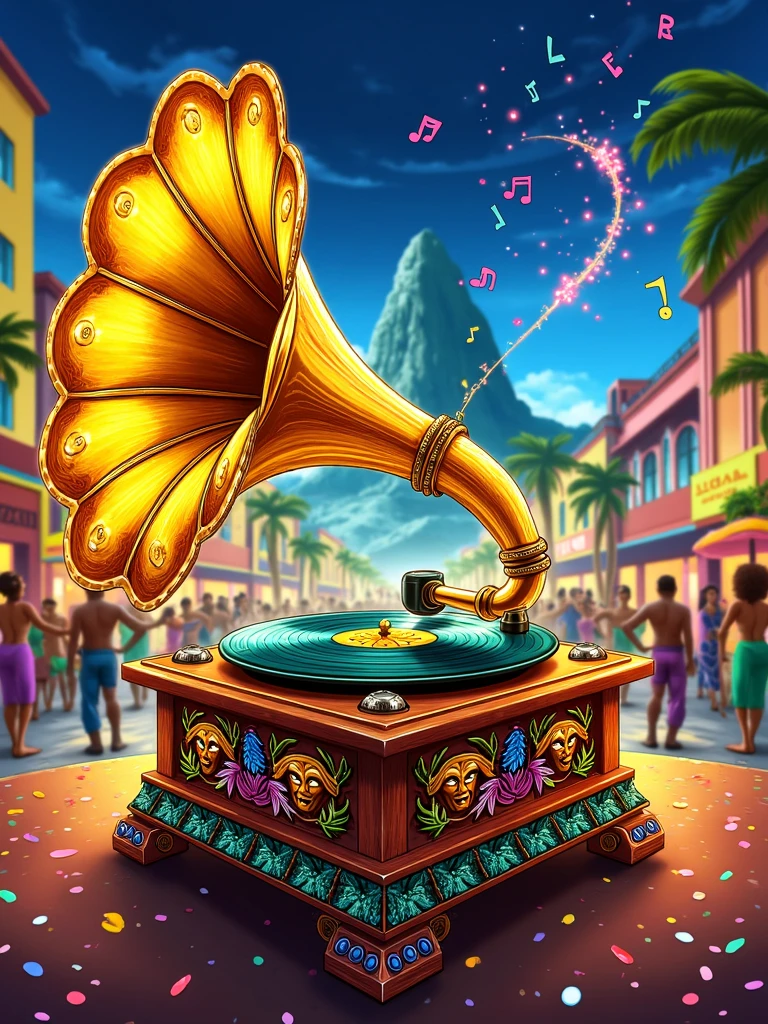 resolution="8k, ultra-detailed, fine details, high-quality artwork",  
style="vivid and festive Brazilian carnival-inspired illustration",  
subject="a vintage record player, adorned with vibrant tropical motifs like feathers, sequins, and colorful gemstones, capturing the energy and spirit of Rio de Janeiro’s samba culture",  
details="the record player’s base is crafted from polished tropical wood, decorated with intricate patterns of carnival masks, vibrant feathers, and metallic accents, the horn is painted in shimmering gold and surrounded by bursts of bright colors, exuding a radiant glow",  
lighting="bright and dynamic lighting, mimicking the dazzling effect of Rio’s carnival nights, with colorful reflections of green, yellow, and blue lights creating a mesmerizing atmosphere",  
background="a lively street scene of Rio de Janeiro during Carnaval, with samba dancers, parade floats, and the iconic Sugarloaf Mountain visible in the distance, confetti and streamers filling the air",  
atmosphere="joyful and energetic, capturing the rhythm and movement of samba music, with an infectious sense of celebration and cultural pride",  
effects="musical notes and vibrant energy radiate from the record player, blending with the lively sounds of samba percussion and brass instruments, adding a surreal, festive touch to the scene",  
composition="central focus on the record player, surrounded by a carnival parade in full swing, balancing the intricate details of the player with the vibrant, lively background, evoking the essence of Brazilian music and culture"