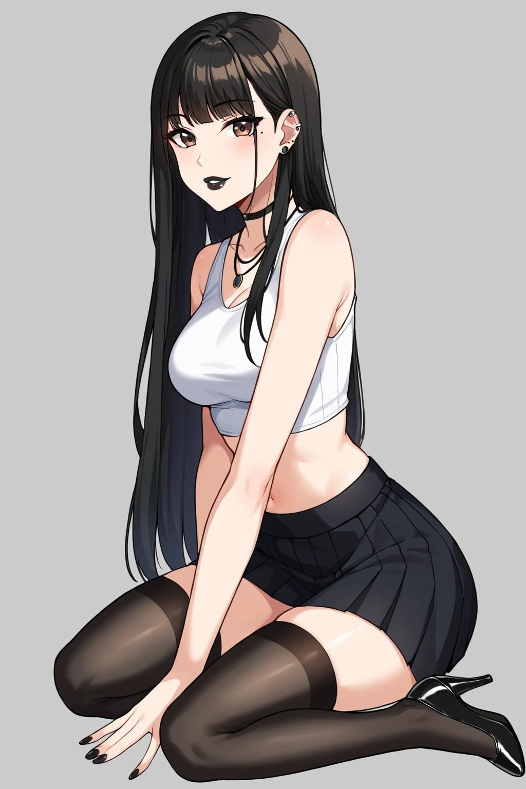kasumigaokautaha, ((full body)), ((full pose)) utaha kasumigaoka, black hair, hairband, long hair, (red eyes:1.5), masterpiece, best quality, highres, kasumigaoka utaha, 1girl, solo, ((squating:1.4)), ((black glasses)), ((black tank logo:1.4)), ((fishnet stockings:1.4)), ((short jeans:1.4)),((black converse shoes:1.4)), medium breasts, blushing, black hair, hairband, red eyes, ((white hairband)), bangs, medium breasts, blushing, ((smug face)), cowboy shot, ((looking at viever)), livingroom background